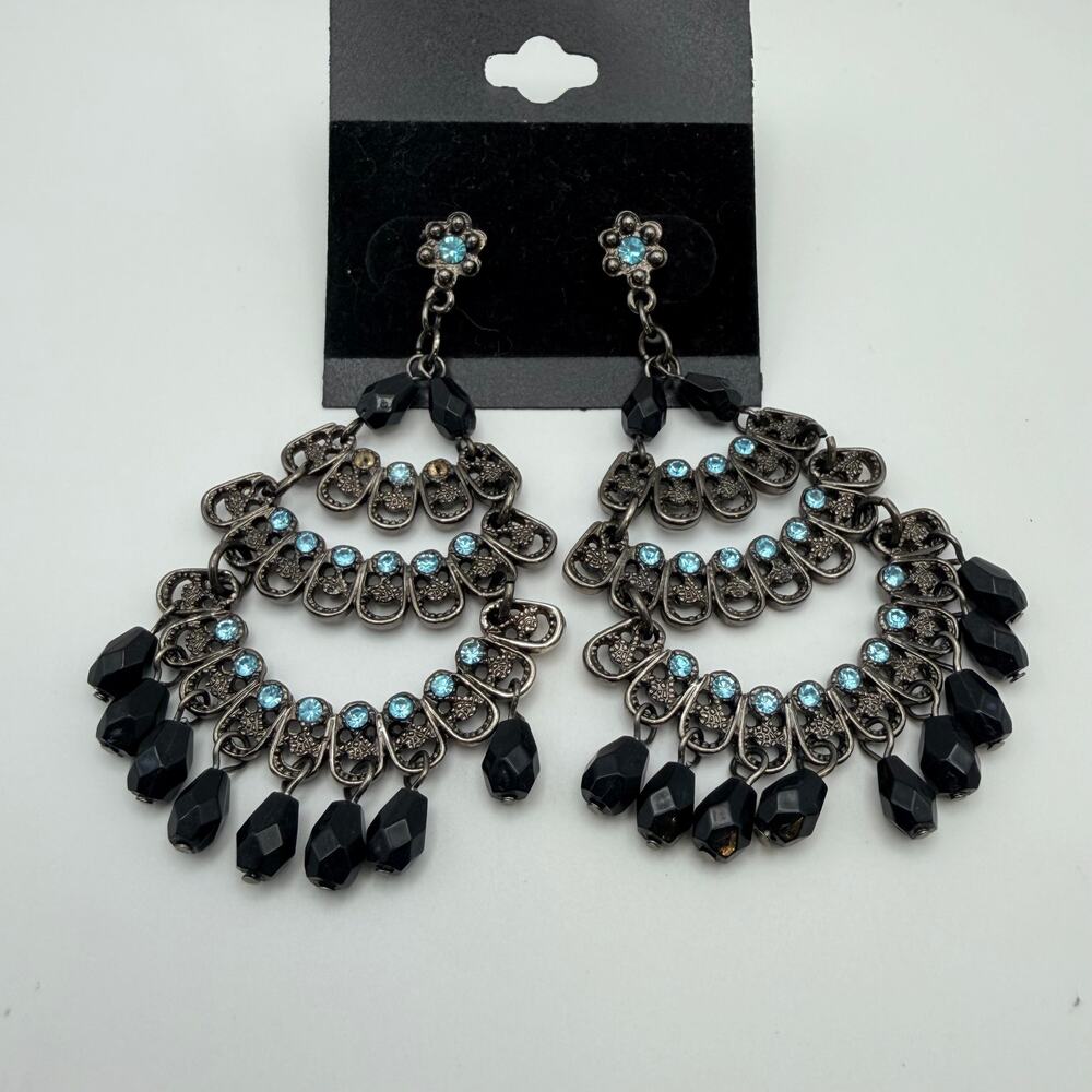3/$25 - Silver Tone Blue Rhinestone Chandelier Statement Earrings - Picture 2 of 3